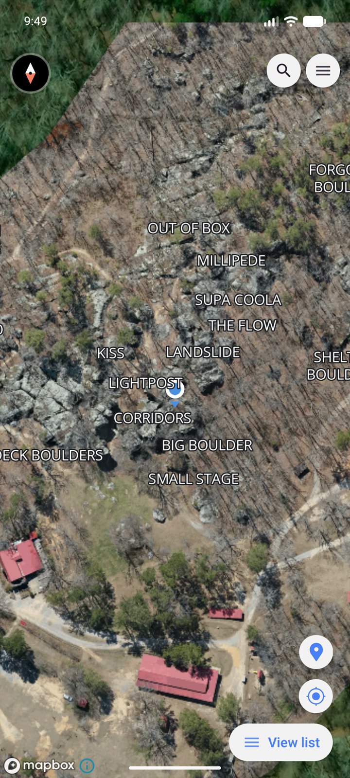 My Climbing Guide map showing boulders and route markers at Horse Pens 40
