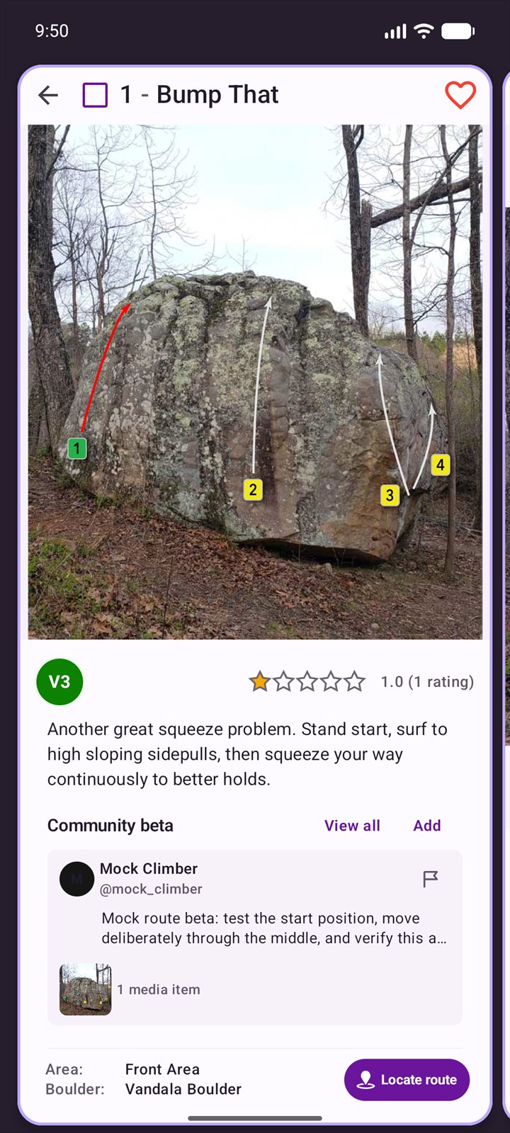 Route details for Bump That V3 with route photo, rating, beta, and locate controls